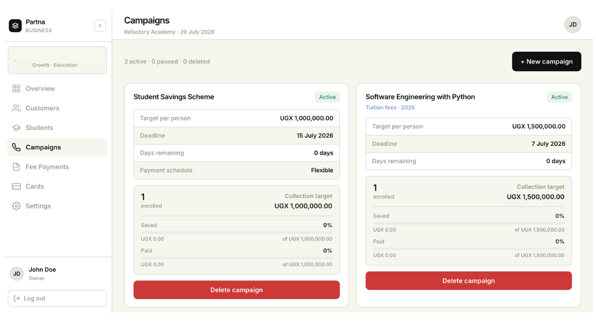 School dashboard for setting term fee targets