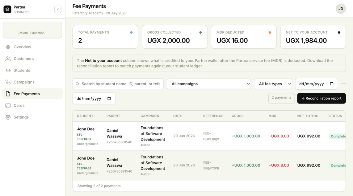 Live fee payments dashboard